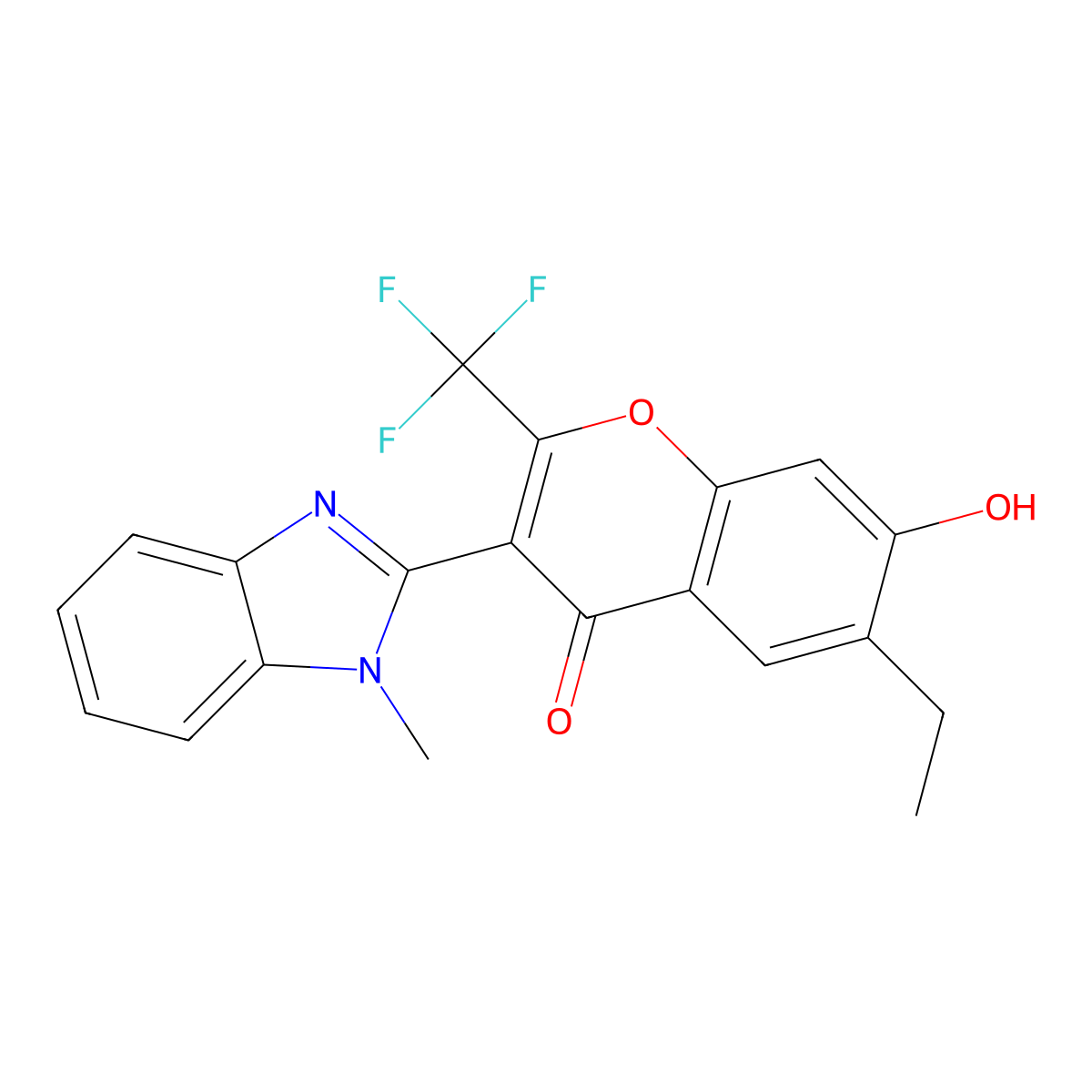 6-ethyl-7-hydroxy-3-(1-methyl-1H-benzimidazol-2-yl)-2-(trifluoromethyl)-4H-chromen-4-one molecular structure, CAS 210639-84-2