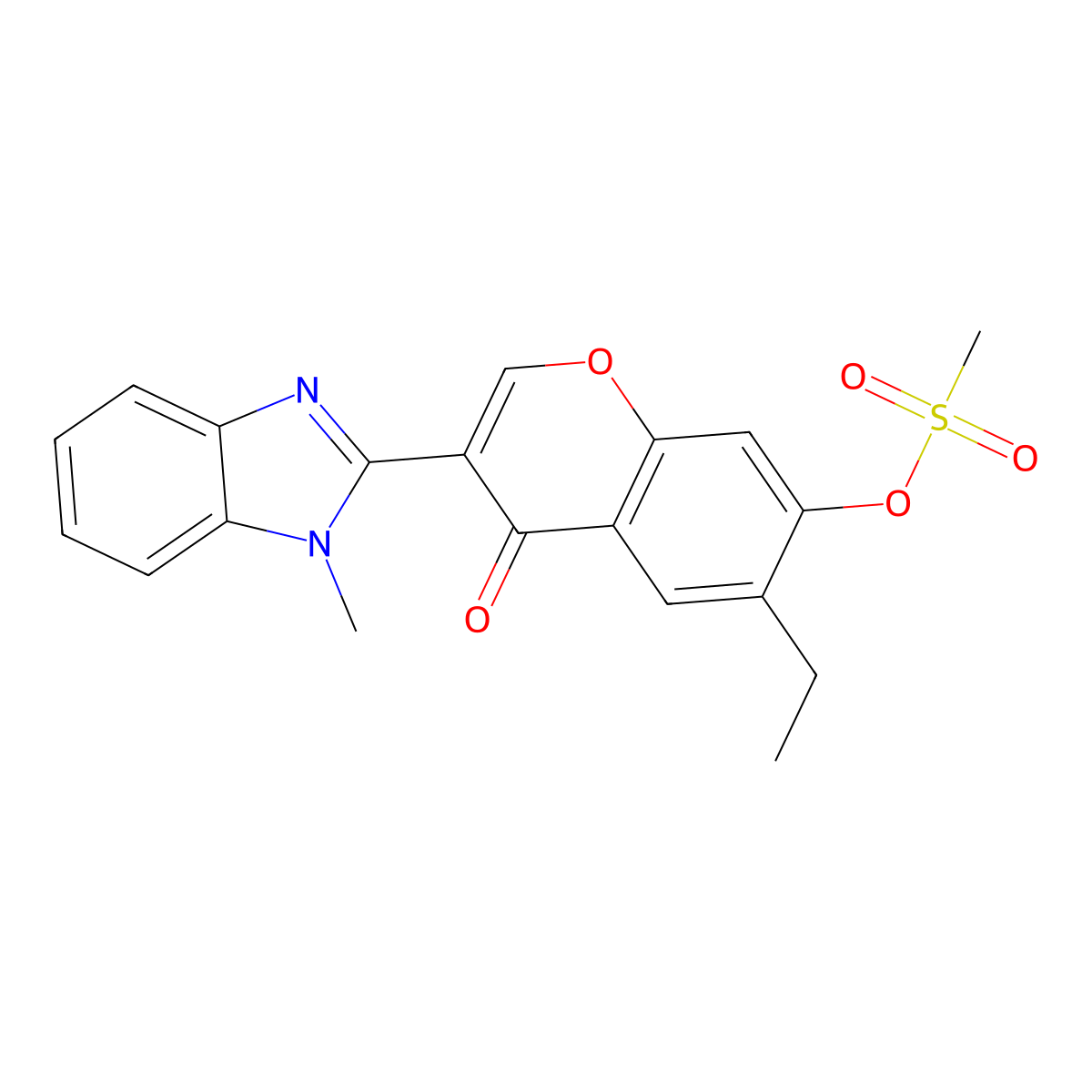 6-ethyl-3-(1-methyl-1H-benzo[d]imidazol-2-yl)-4-oxo-4H-chromen-7-yl methanesulfonate molecular structure, CAS 210639-97-7