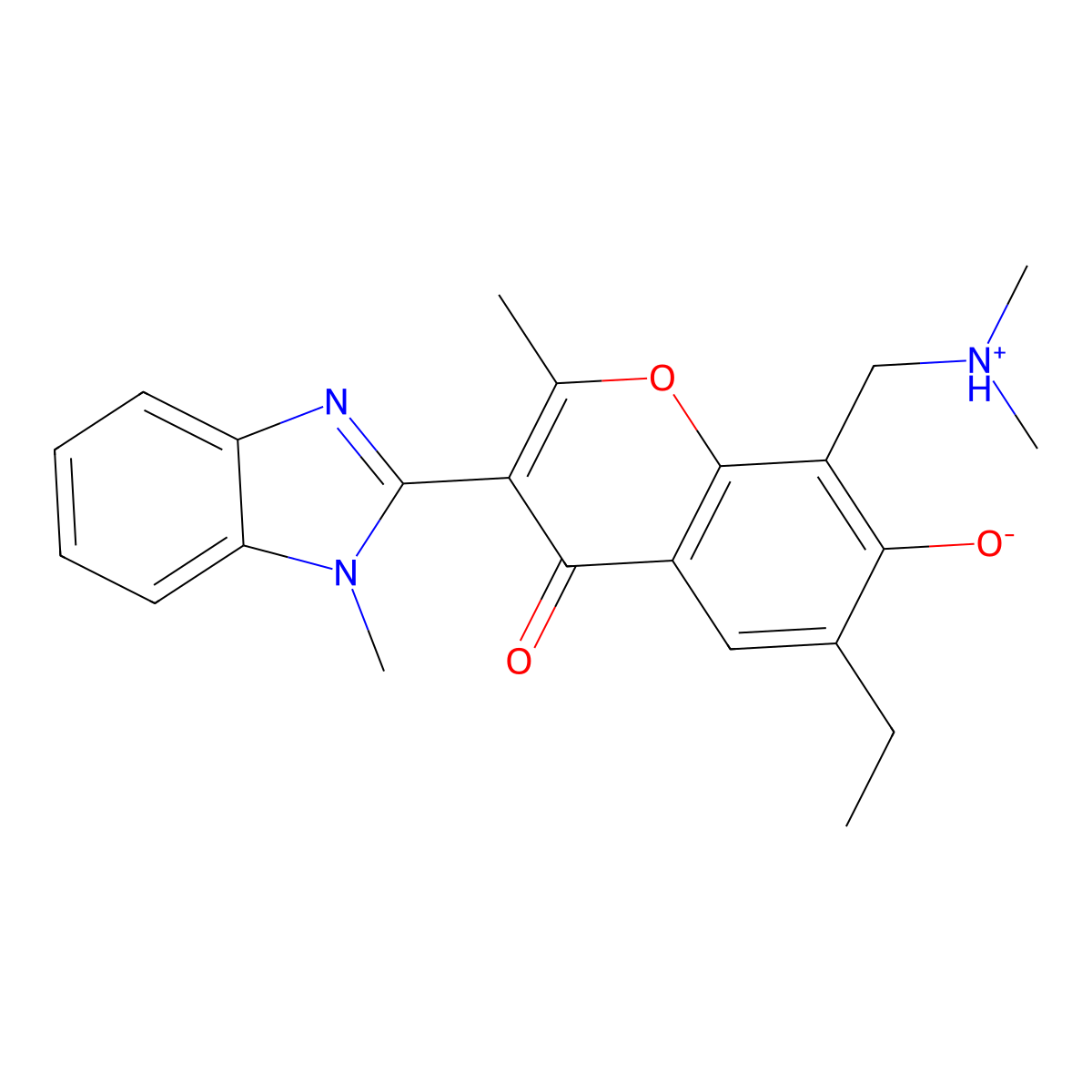 8-((dimethylamino)methyl)-6-ethyl-7-hydroxy-2-methyl-3-(1-methyl-1H-benzo[d]imidazol-2-yl)-4H-chromen-4-one molecular structure, CAS 210640-05-4