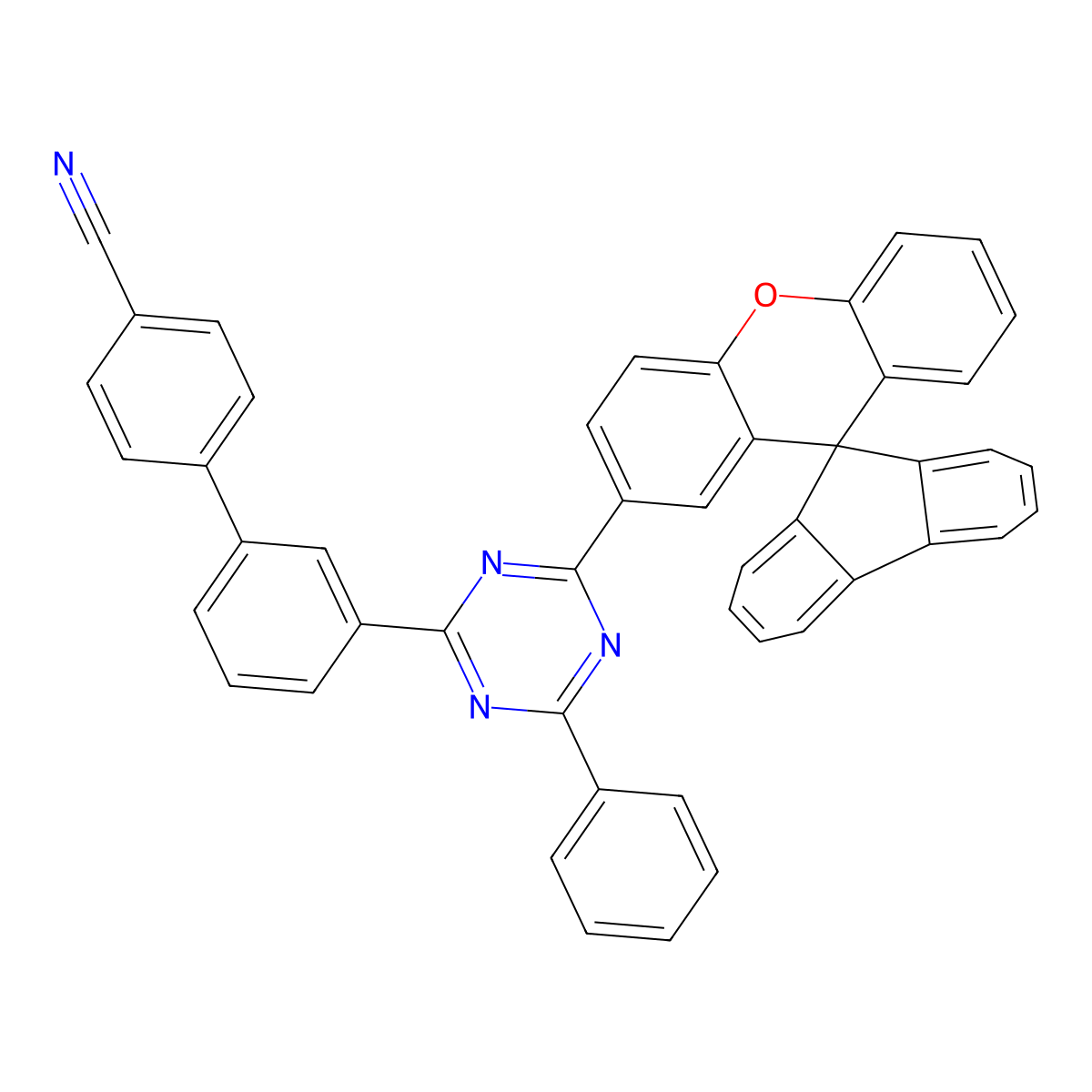 [1,1'-Biphenyl]-4-carbonitrile, 3'-[4-phenyl-6-(spiro[9H-fluorene-9,9'-[9H]xanthen]-2'-yl)-1,3,5-triazin-2-yl]- molecular structure, CAS 2106888-25-7