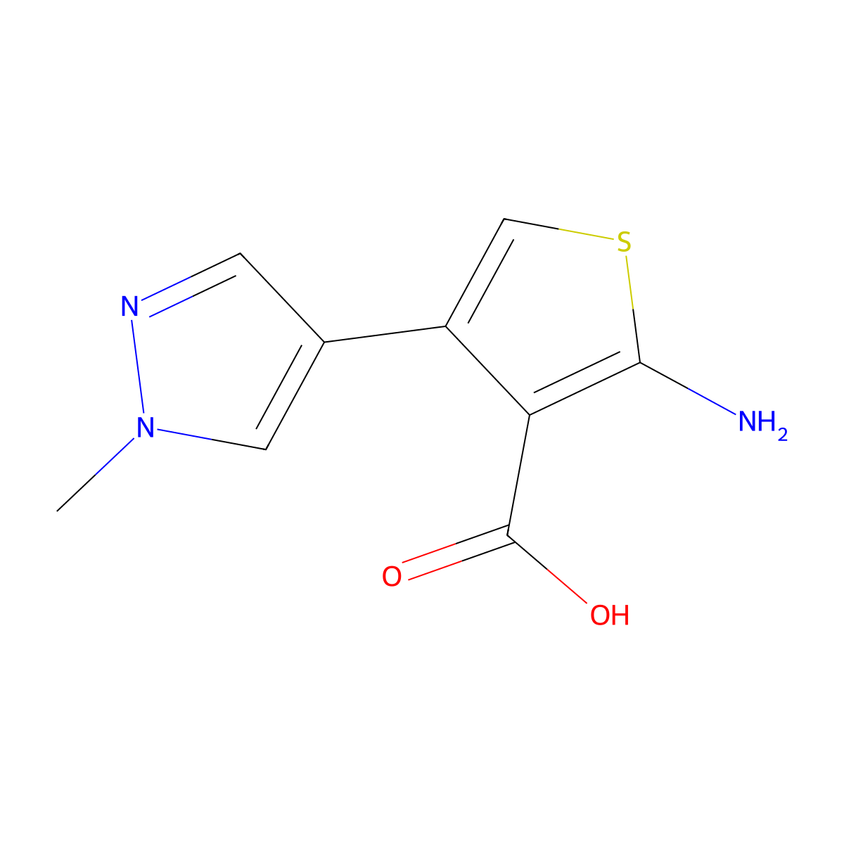 2-amino-4-(1-methyl-1H-pyrazol-4-yl)thiophene-3-carboxylic acid molecular structure, CAS 2106989-18-6