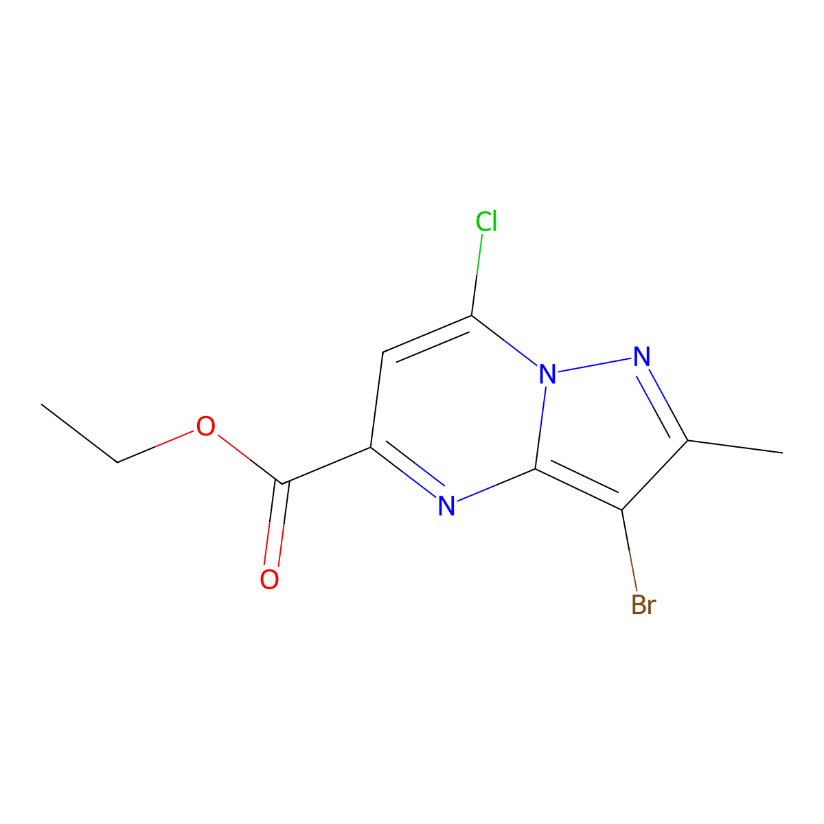 Ethyl 3-bromo-7-chloro-2-methyl-pyrazolo[1,5-a]pyrimidine-5-carboxylate molecular structure, CAS 2107098-14-4