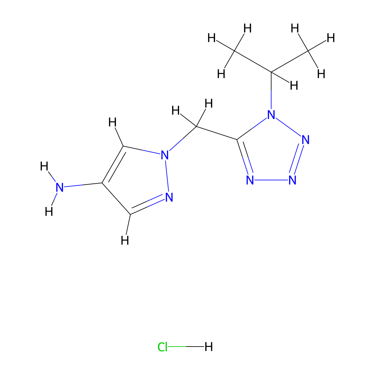 1-{[1-(propan-2-yl)-1H-1,2,3,4-tetrazol-5-yl]methyl}-1H-pyrazol-4-amine hydrochloride molecular structure, CAS 2107270-24-4