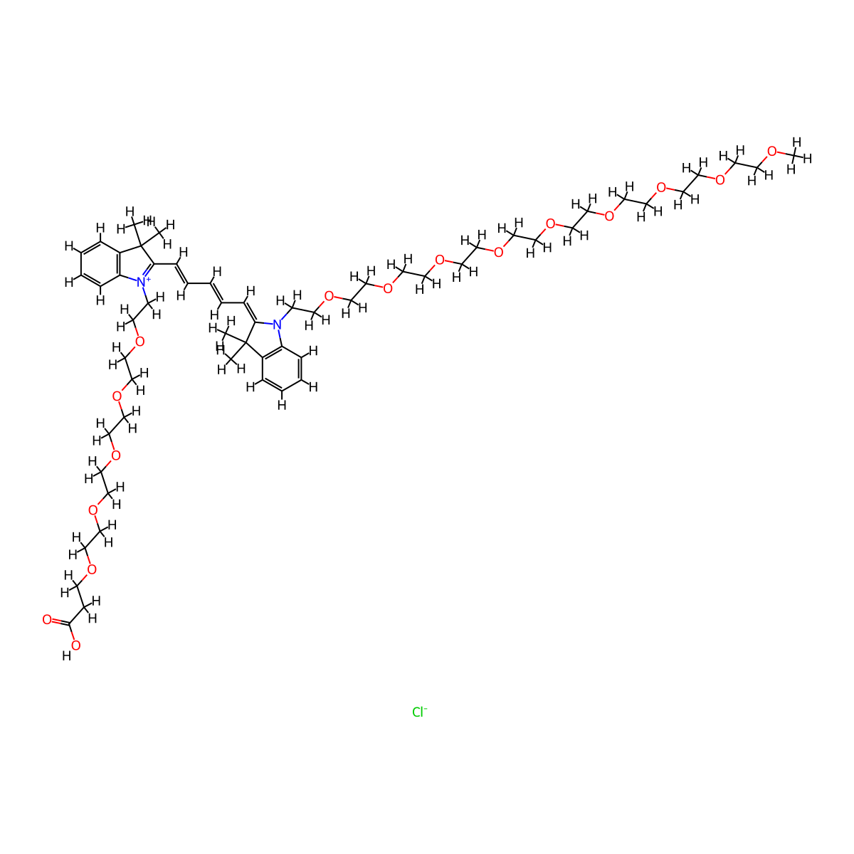 3-[2-[2-[2-[2-[2-[2-[(1E,3E,5E)-5-[1-[2-[2-[2-[2-[2-[2-[2-[2-(2-methoxyethoxy)ethoxy]ethoxy]ethoxy]ethoxy]ethoxy]ethoxy]ethoxy]ethyl]-3,3-dimethylindol-2-ylidene]penta-1,3-dienyl]-3,3-dimethylindol-1-ium-1-yl]ethoxy]ethoxy]ethoxy]ethoxy]ethoxy]propanoic acid chloride molecular structure, CAS 2107273-26-5