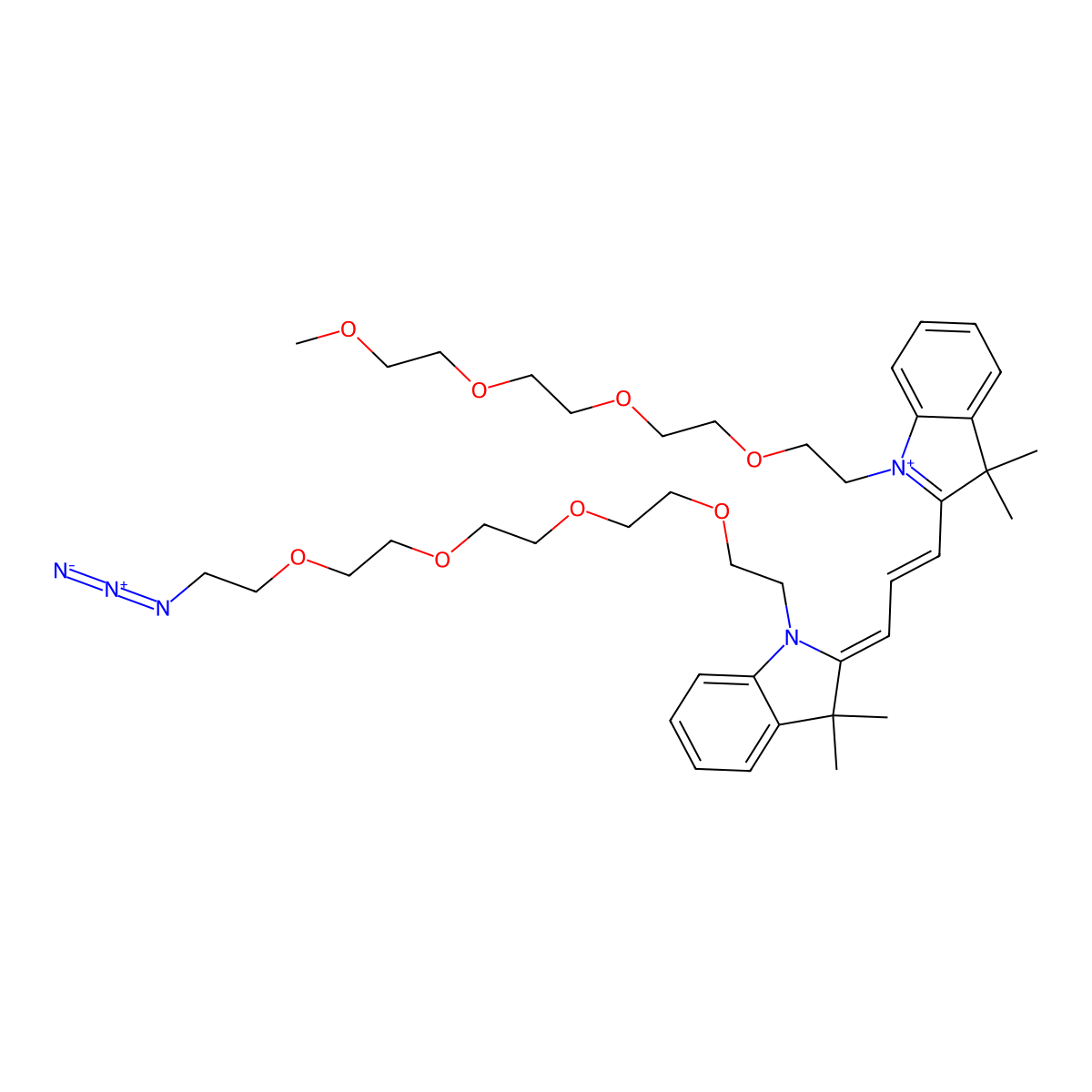 2-(3-(1-(14-Azido-3,6,9,12-tetraoxatetradecyl)-3,3-dimethylindolin-2-ylidene)prop-1-en-1-yl)-3,3-dimethyl-1-(2,5,8,11-tetraoxatridecan-13-yl)-3H-indol-1-ium molecular structure, CAS 2107273-37-8