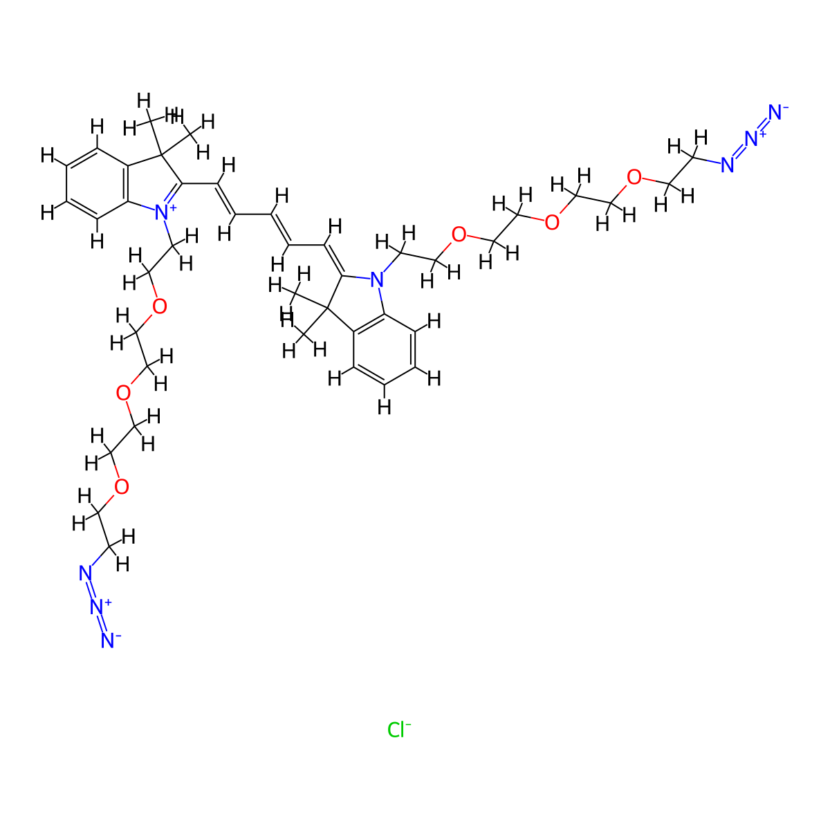 (2E)-1-[2-[2-[2-(2-azidoethoxy)ethoxy]ethoxy]ethyl]-2-[(2E,4E)-5-[1-[2-[2-[2-(2-azidoethoxy)ethoxy]ethoxy]ethyl]-3,3-dimethylindol-1-ium-2-yl]penta-2,4-dienylidene]-3,3-dimethylindole chloride molecular structure, CAS 2107273-46-9