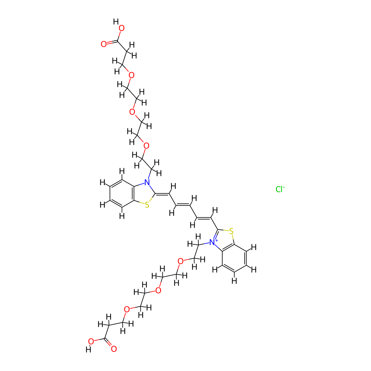 3-[2-[2-[2-[(2Z)-2-[(2E,4E)-5-[3-[2-[2-[2-(2-carboxyethoxy)ethoxy]ethoxy]ethyl]-1,3-benzothiazol-3-ium-2-yl]penta-2,4-dienylidene]-1,3-benzothiazol-3-yl]ethoxy]ethoxy]ethoxy]propanoic acid chloride molecular structure, CAS 2107273-82-3