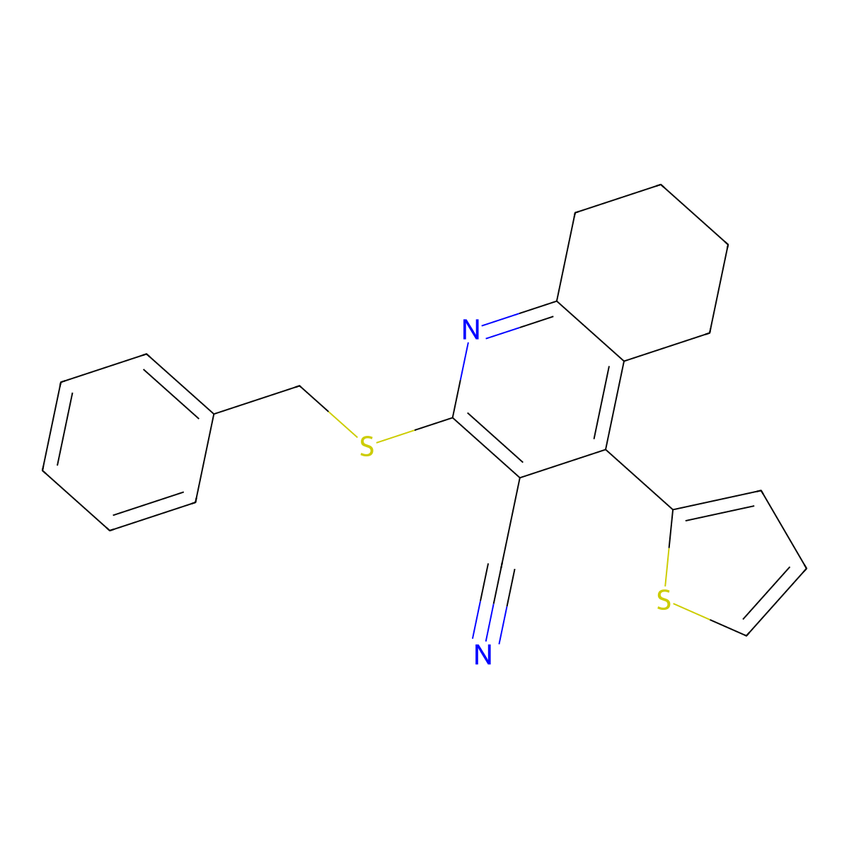 2-(Benzylthio)-4-(thiophen-2-yl)-5,6,7,8-tetrahydroquinoline-3-carbonitrile molecular structure, CAS 210766-85-1
