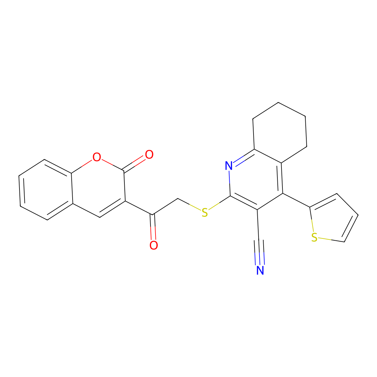 2-[2-Oxo-2-(2-oxochromen-3-yl)ethyl]sulfanyl-4-thiophen-2-yl-5,6,7,8-tetrahydroquinoline-3-carbonitrile molecular structure, CAS 210766-86-2