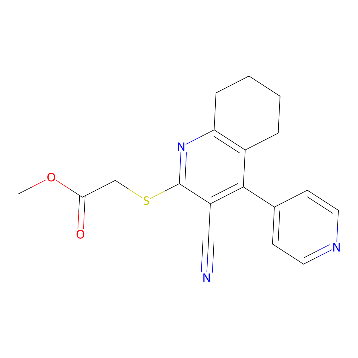 (3-Cyano-4-pyridin-4-yl-5,6,7,8-tetrahydro-quinolin-2-ylsulfanyl)-acetic acid methyl ester molecular structure, CAS 210766-88-4