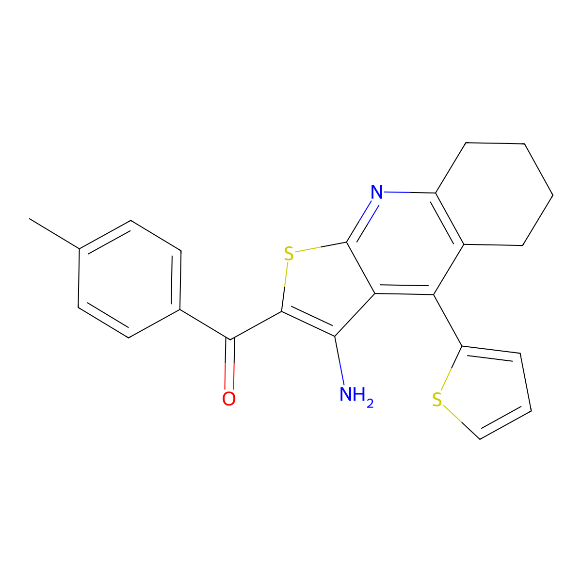 (3-Amino-4-(thiophen-2-yl)-5,6,7,8-tetrahydrothieno[2,3-b]quinolin-2-yl)(p-tolyl)methanone molecular structure, CAS 210766-95-3