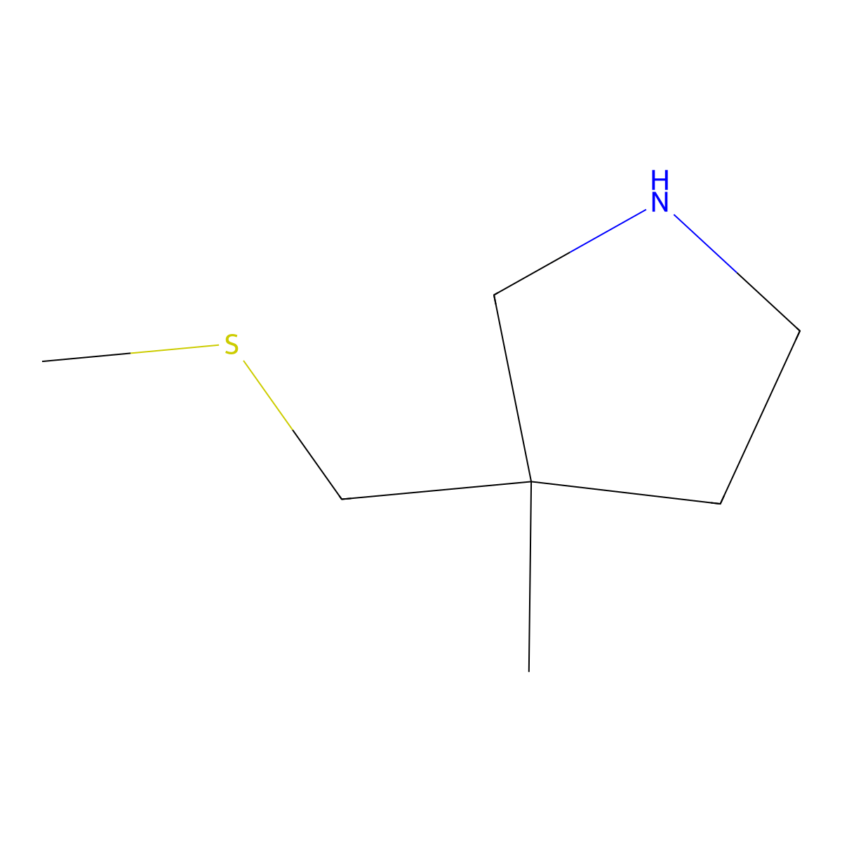 3-Methyl-3-[(methylsulfanyl)methyl]pyrrolidine molecular structure, CAS 2107824-22-4