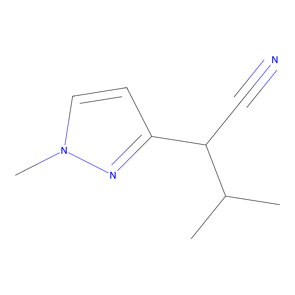 3-methyl-2-(1-methyl-1H-pyrazol-3-yl)butanenitrile molecular structure, CAS 2108087-36-9