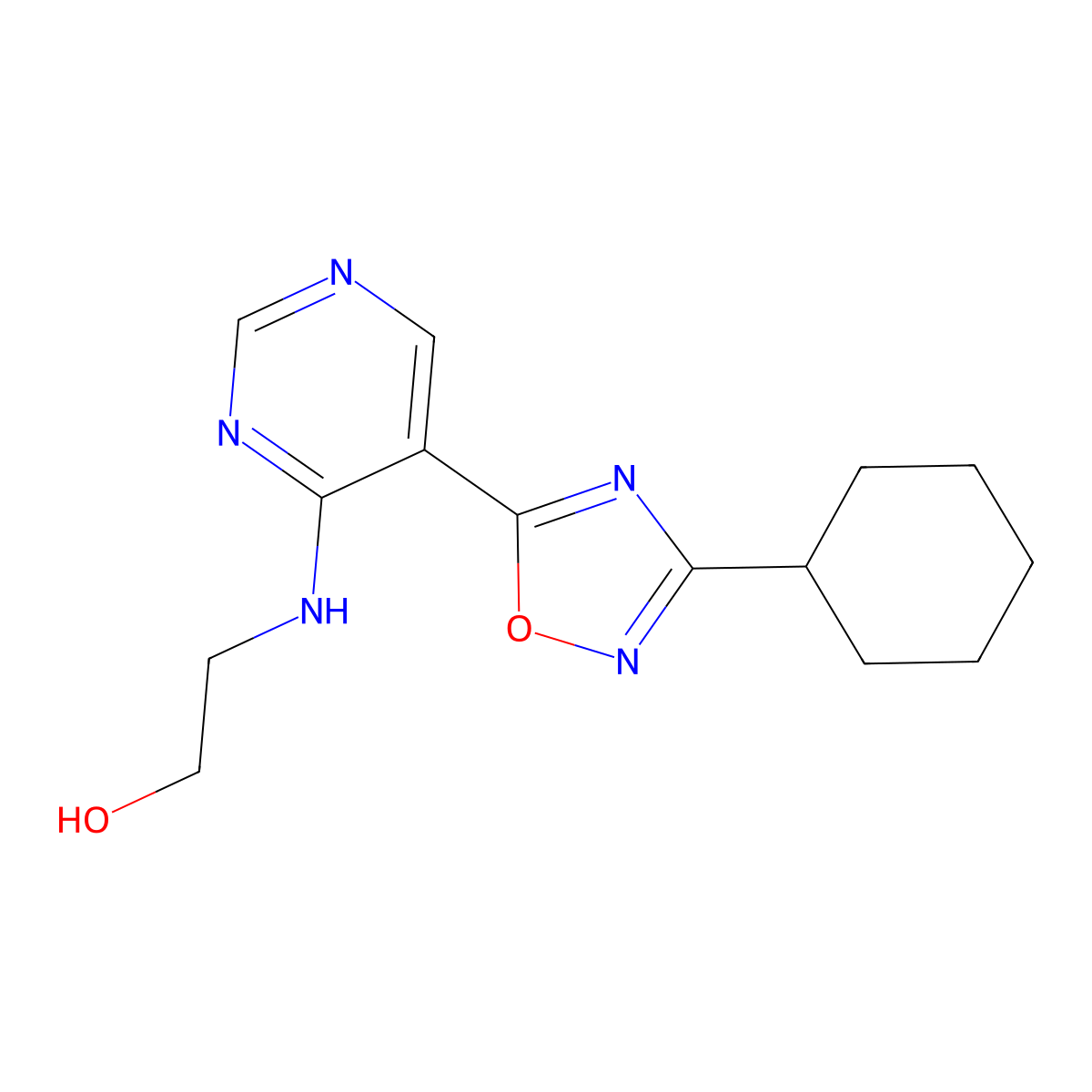2-{[5-(3-Cyclohexyl-1,2,4-oxadiazol-5-yl)pyrimidin-4-yl]amino}ethanol molecular structure, CAS 2108174-23-6