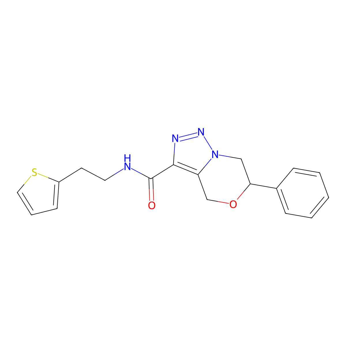 6-phenyl-N-[2-(2-thienyl)ethyl]-6,7-dihydro-4H-[1,2,3]triazolo[5,1-c][1,4]oxazine-3-carboxamide molecular structure, CAS 2108174-66-7