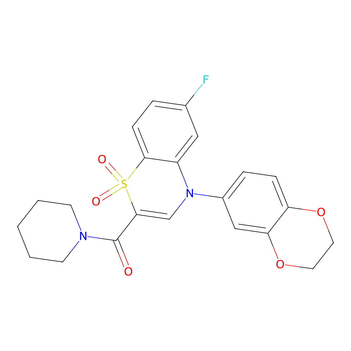 [4-(2,3-Dihydro-1,4-benzodioxin-6-yl)-6-fluoro-1,1-dioxo-1lambda6,4-benzothiazin-2-yl]-piperidin-1-ylmethanone molecular structure, CAS 2108218-25-1