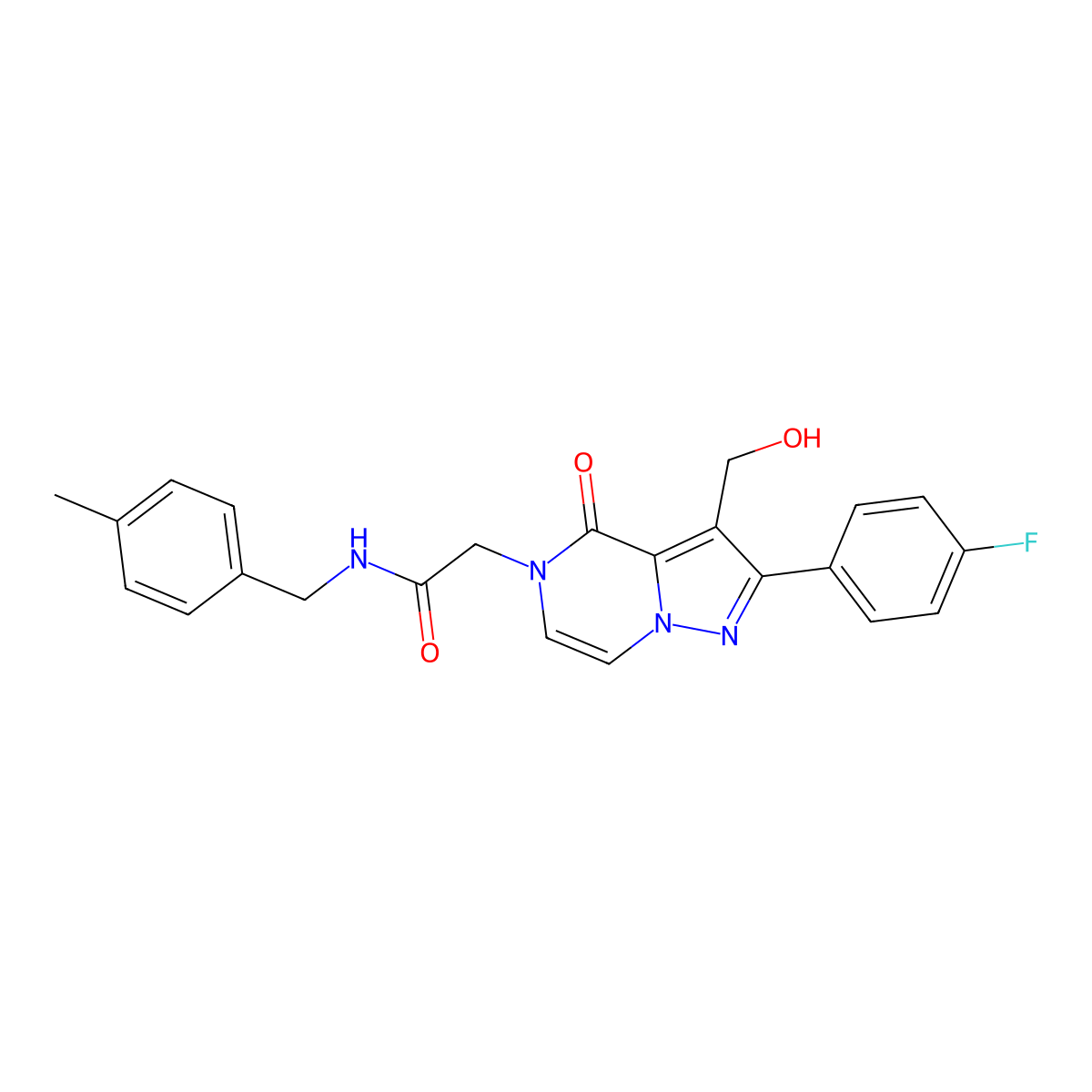 2-[2-(4-fluorophenyl)-3-(hydroxymethyl)-4-oxo-4H,5H-pyrazolo[1,5-a]pyrazin-5-yl]-N-[(4-methylphenyl)methyl]acetamide molecular structure, CAS 2108237-86-9