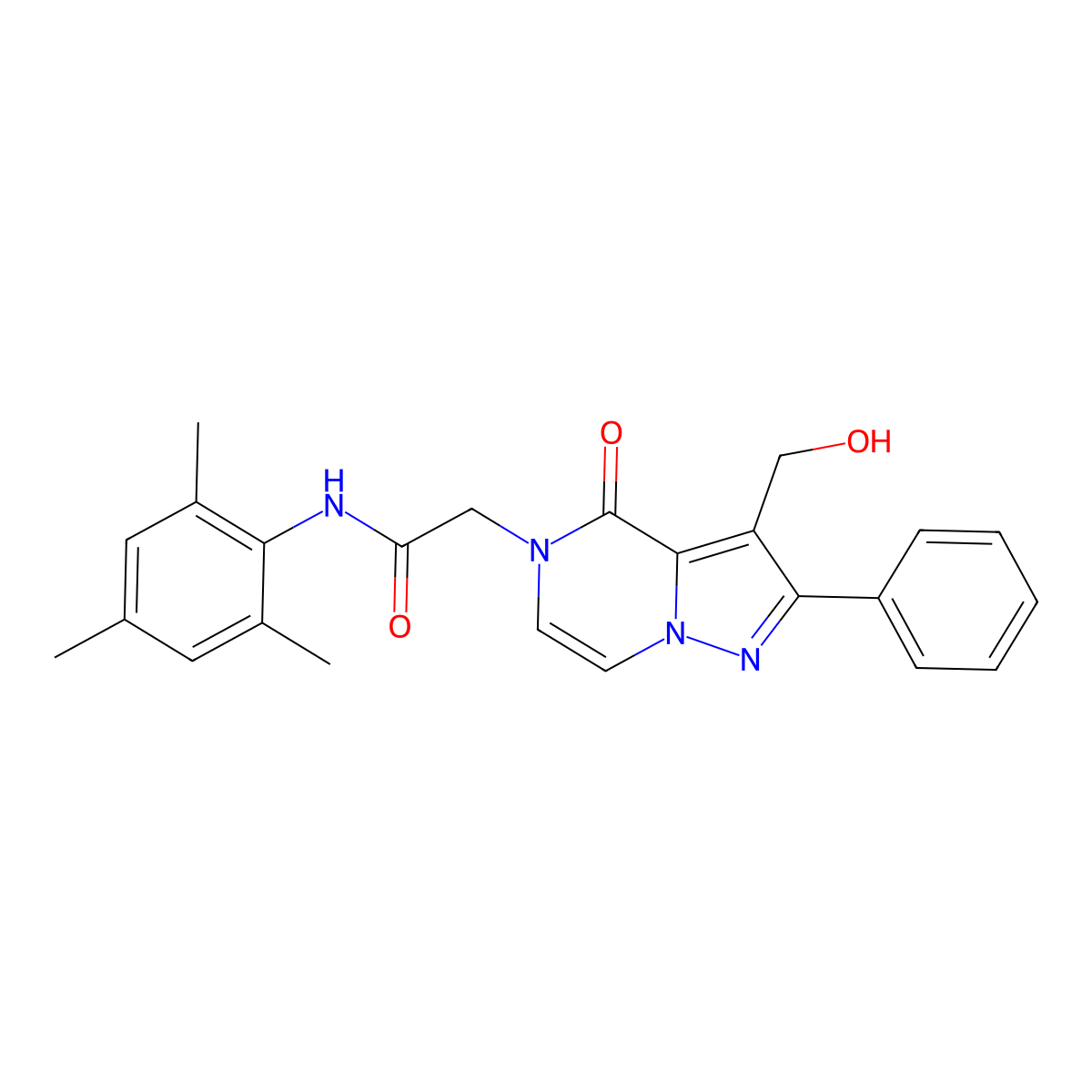 2-[3-(hydroxymethyl)-4-oxo-2-phenyl-4H,5H-pyrazolo[1,5-a]pyrazin-5-yl]-N-(2,4,6-trimethylphenyl)acetamide molecular structure, CAS 2108242-29-9