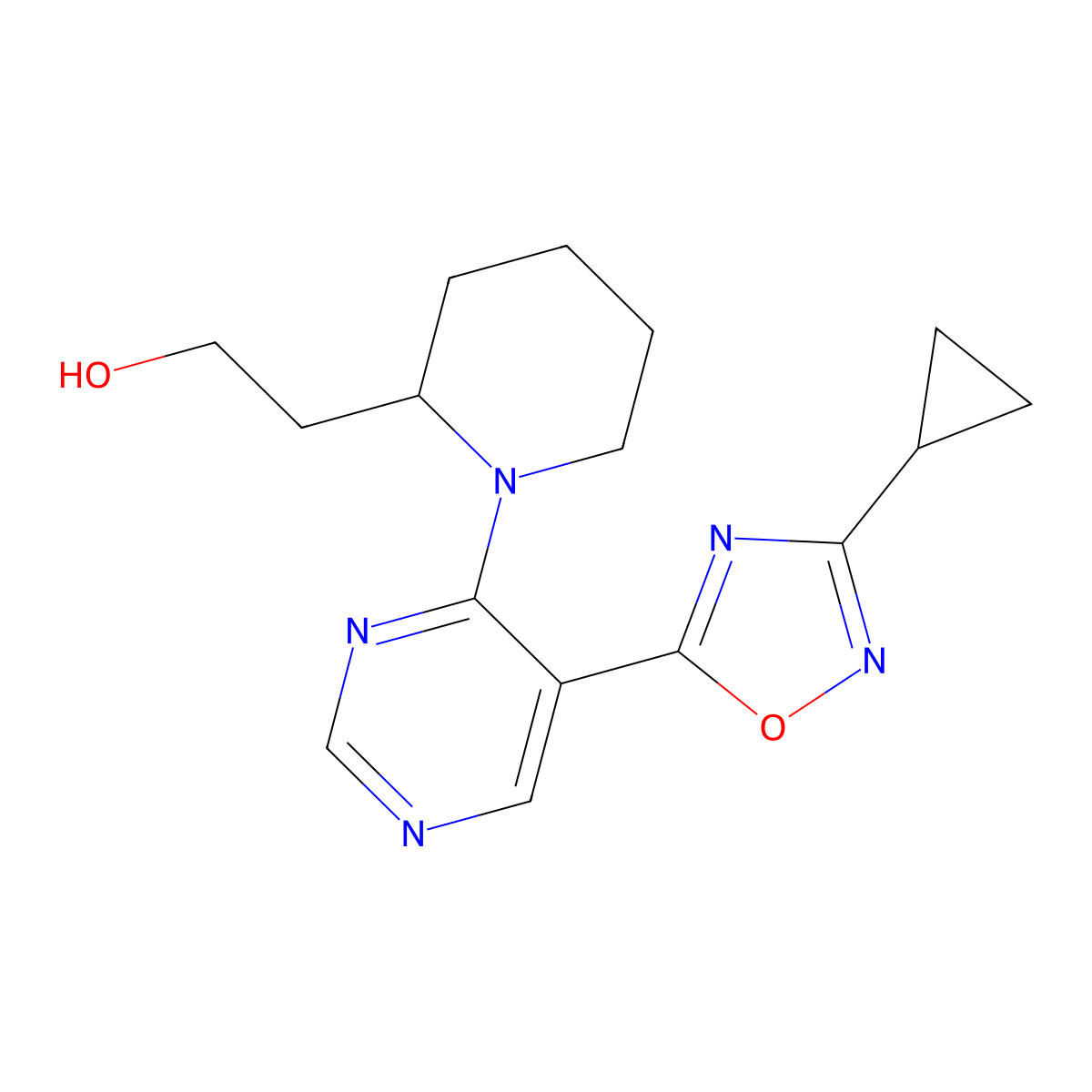 2-{1-[5-(3-Cyclopropyl-1,2,4-oxadiazol-5-yl)pyrimidin-4-yl]piperidin-2-yl}ethanol molecular structure, CAS 2108266-47-1