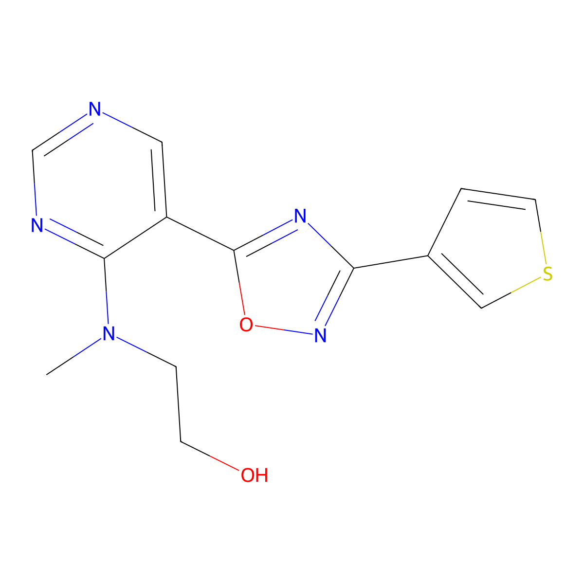 2-(Methyl{5-[3-(3-thienyl)-1,2,4-oxadiazol-5-yl]pyrimidin-4-yl}amino)ethanol molecular structure, CAS 2108267-25-8