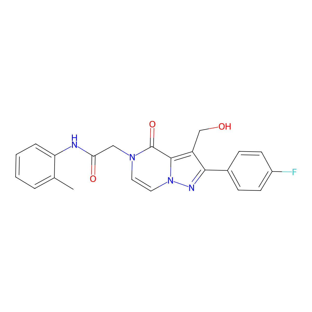 2-[2-(4-fluorophenyl)-3-(hydroxymethyl)-4-oxo-4H,5H-pyrazolo[1,5-a]pyrazin-5-yl]-N-(2-methylphenyl)acetamide molecular structure, CAS 2108283-33-4