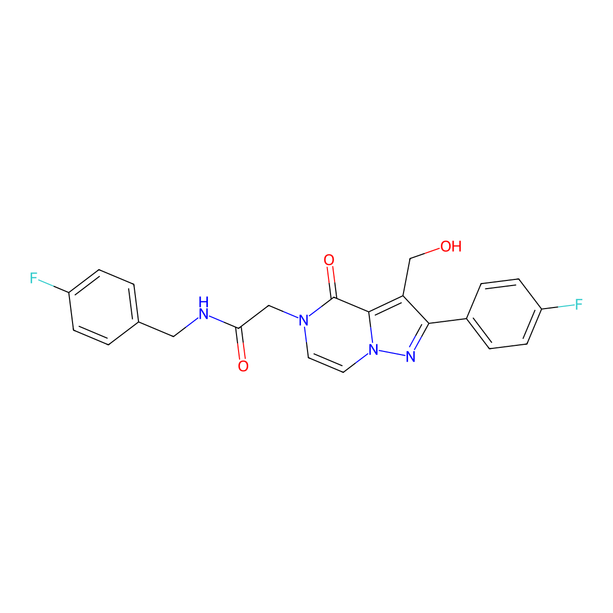 2-[2-(4-fluorophenyl)-3-(hydroxymethyl)-4-oxo-4H,5H-pyrazolo[1,5-a]pyrazin-5-yl]-N-[(4-fluorophenyl)methyl]acetamide molecular structure, CAS 2108283-47-0