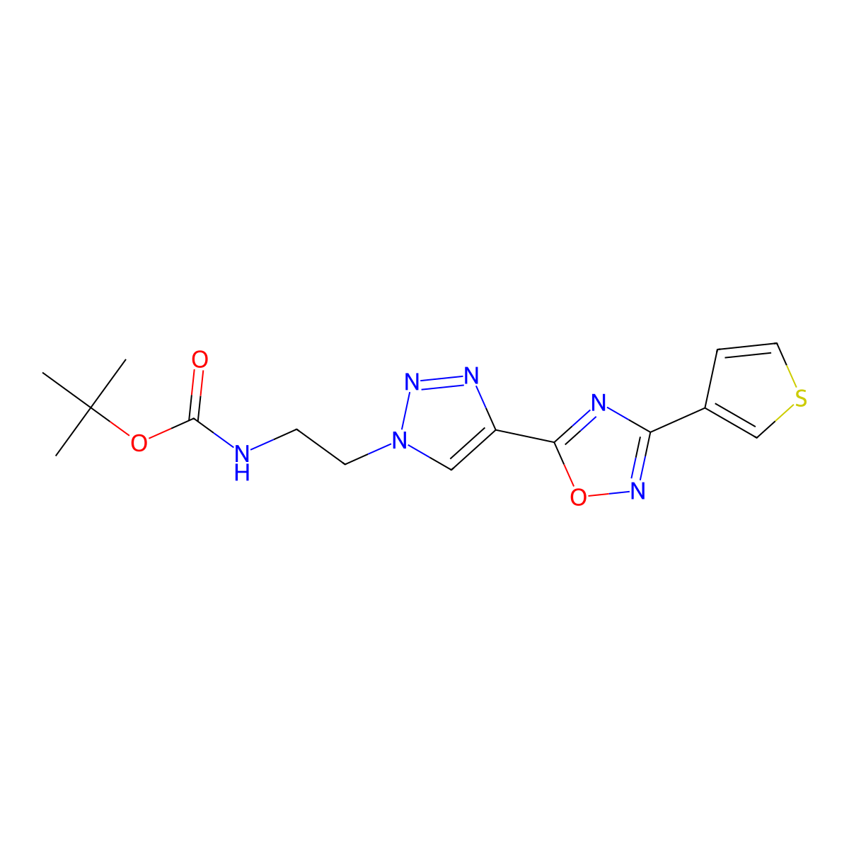 tert-butyl N-(2-{4-[3-(thiophen-3-yl)-1,2,4-oxadiazol-5-yl]-1H-1,2,3-triazol-1-yl}ethyl)carbamate molecular structure, CAS 2108291-20-7