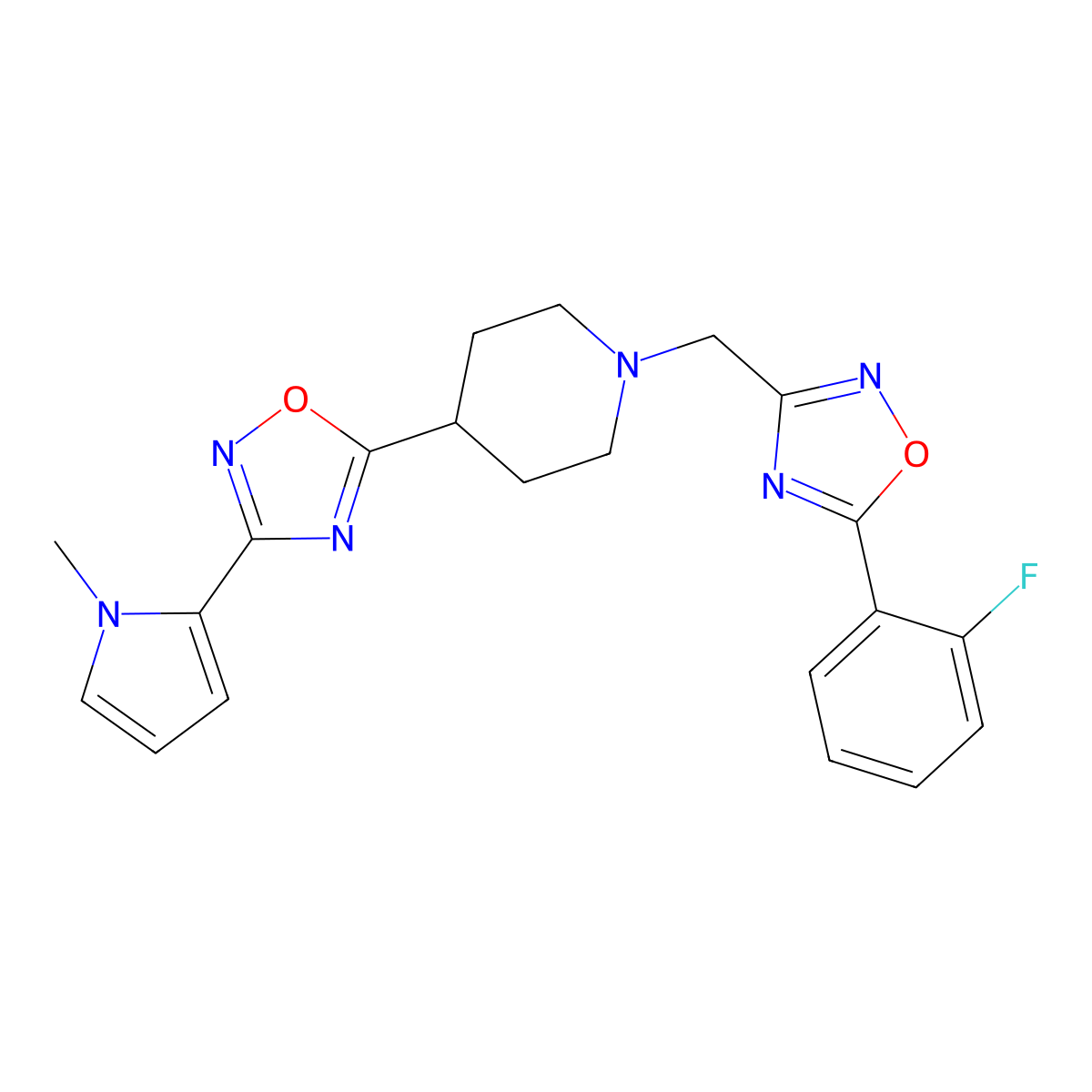 5-(2-Fluorophenyl)-3-[[4-[3-(1-methylpyrrol-2-yl)-1,2,4-oxadiazol-5-yl]piperidin-1-yl]methyl]-1,2,4-oxadiazole molecular structure, CAS 2108304-49-8