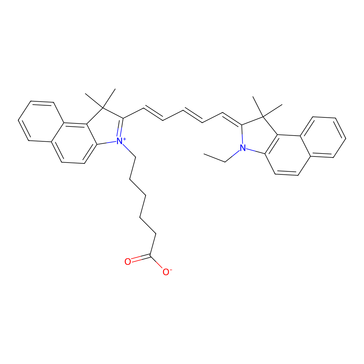 2-[5-[3-(5-Carboxypentyl)-1,3-dihydro-1,1-dimethyl-2H-benz[e]indol-2-ylidene]-1,3-pentadienyl]-3-ethyl-1,1-dimethyl-1H-benz[e]indolium inner salt molecular structure, CAS 210834-22-3