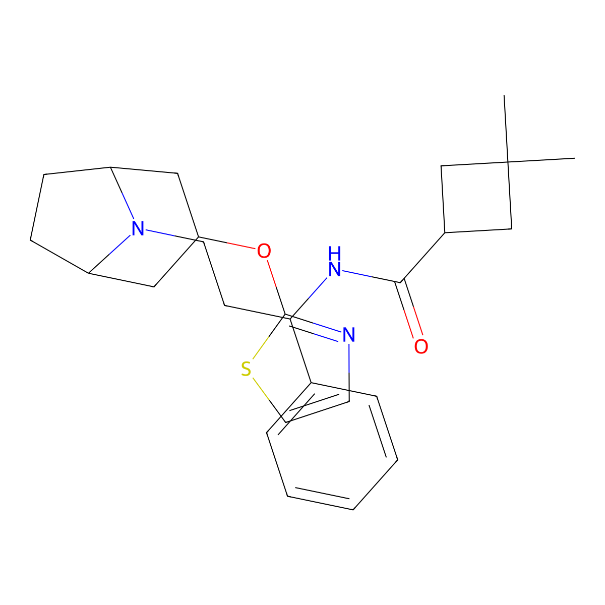 3,3-dimethyl-N-(1-phenyl-3-((1R,5S)-3-(thiazol-2-yloxy)-8-azabicyclo[3.2.1]octan-8-yl)propyl)cyclobutanecarboxamide molecular structure, CAS 2108352-98-1