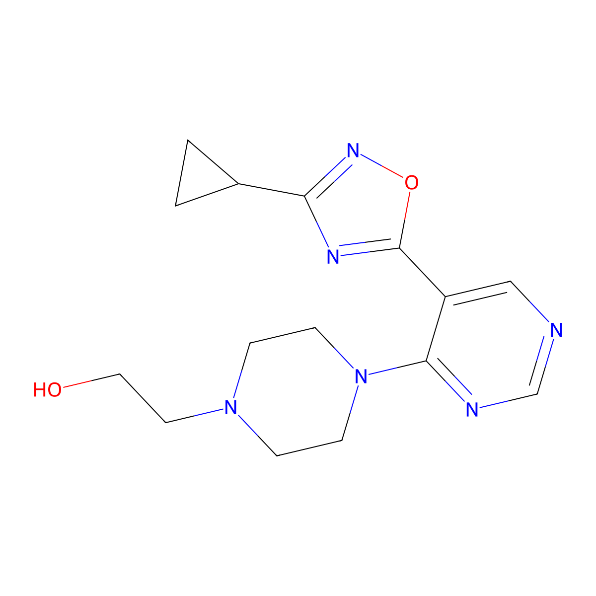 2-{4-[5-(3-Cyclopropyl-1,2,4-oxadiazol-5-yl)pyrimidin-4-yl]piperazin-1-yl}ethanol molecular structure, CAS 2108354-20-5