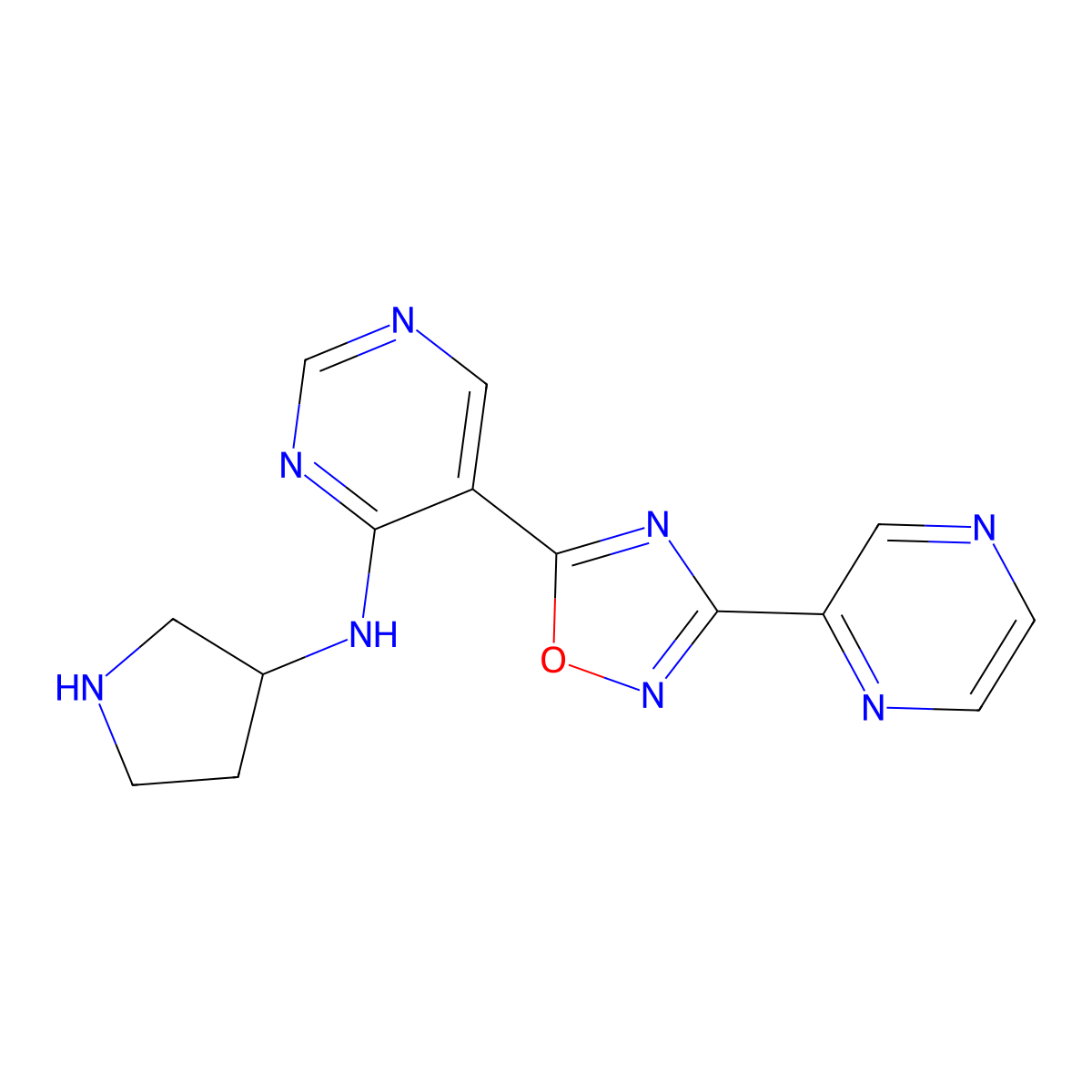 5-(3-pyrazin-2-yl-1,2,4-oxadiazol-5-yl)-N-pyrrolidin-3-ylpyrimidin-4-amine molecular structure, CAS 2108354-25-0