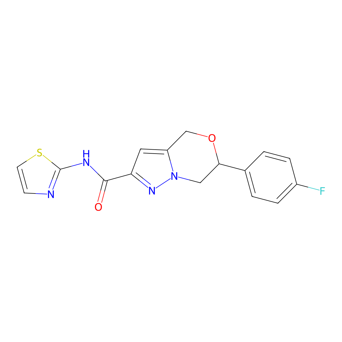 6-(4-fluorophenyl)-N-1,3-thiazol-2-yl-6,7-dihydro-4H-pyrazolo[5,1-c][1,4]oxazine-2-carboxamide molecular structure, CAS 2108354-29-4