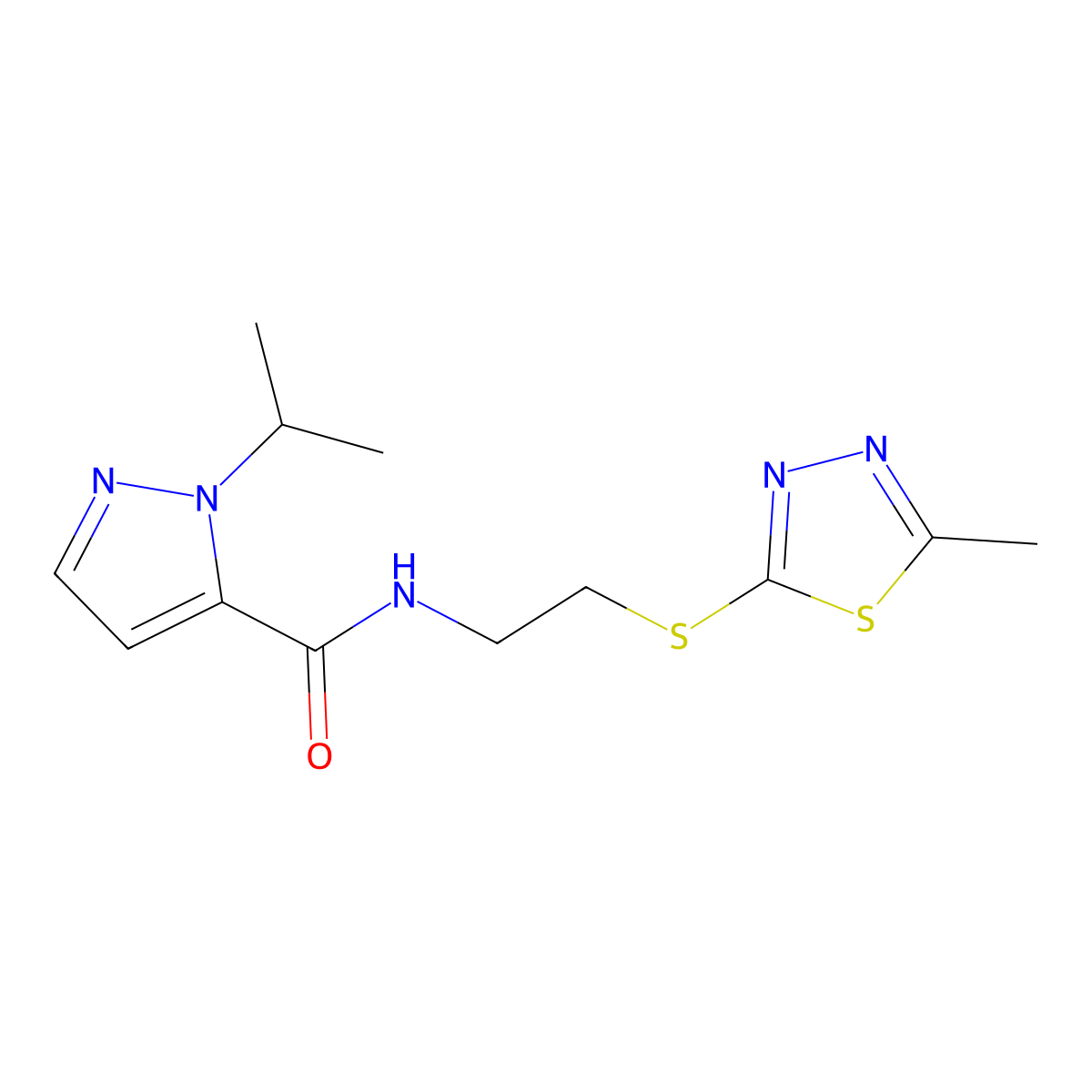 N-[2-[(5-Methyl-1,3,4-thiadiazol-2-yl)sulfanyl]ethyl]-2-propan-2-ylpyrazole-3-carboxamide molecular structure, CAS 2108420-00-2