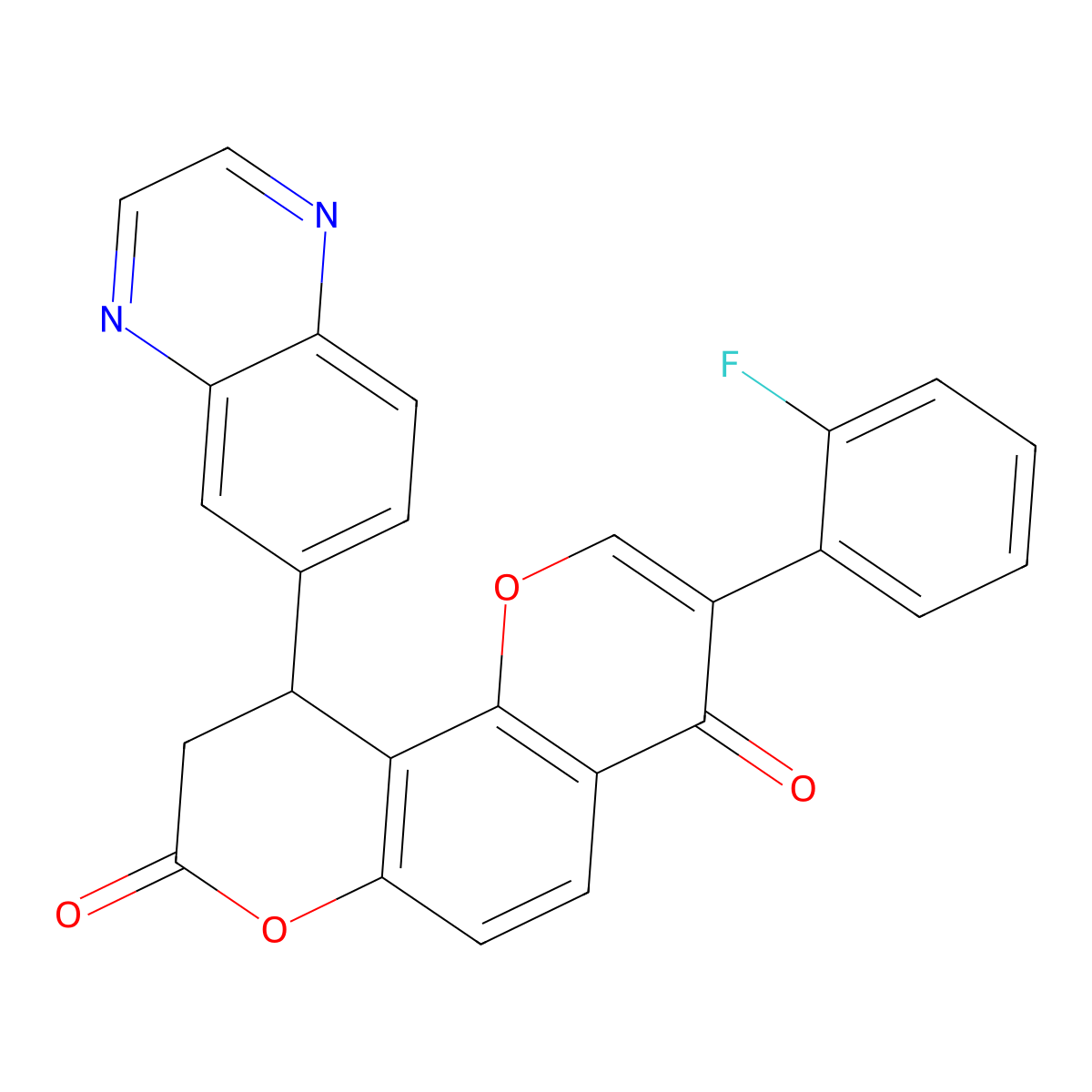 3-(2-fluorophenyl)-10-(quinoxalin-6-yl)-9,10-dihydro-4H,8H-pyrano[2,3-f]chromene-4,8-dione molecular structure, CAS 2108549-80-8