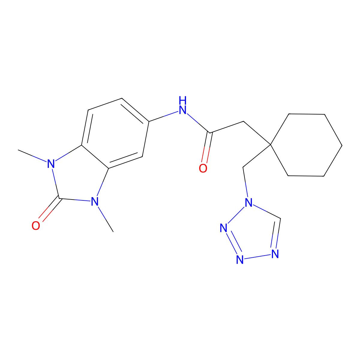 Cyclohexaneacetamide, N-(2,3-dihydro-1,3-dimethyl-2-oxo-1H-benzimidazol-5-yl)-1-(1H-tetrazol-1-ylmethyl)- molecular structure, CAS 2108550-79-2