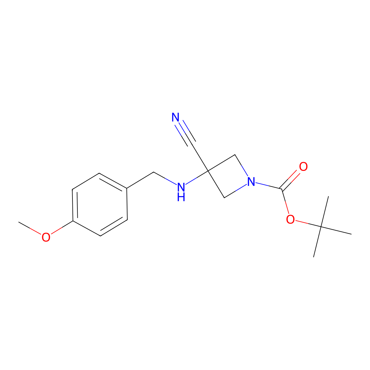 Tert-butyl 3-cyano-3-((4-methoxybenzyl)amino)azetidine-1-carboxylate molecular structure, CAS 2108574-75-8