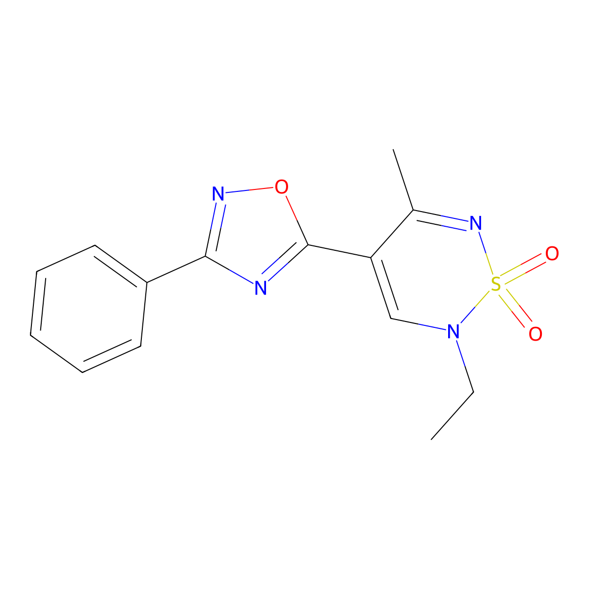 2-Ethyl-5-methyl-4-(3-phenyl-1,2,4-oxadiazol-5-yl)-1,2,6-thiadiazine 1,1-dioxide molecular structure, CAS 2108578-04-5
