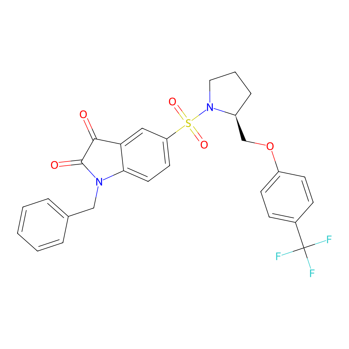 (S)-1-benzyl-5-(1-[2-(phenoxy-p-trifluoromethyl)-pyrrolidynyl]-sulfonyl)-isatin molecular structure, CAS 2108603-03-6
