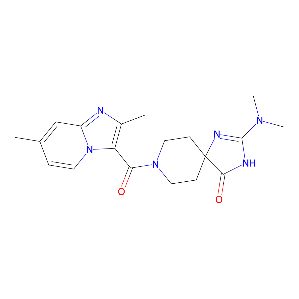 2-(Dimethylamino)-8-[(2,7-dimethylimidazo[1,2-a]pyridin-3-yl)carbonyl]-1,3,8-triazaspiro[4.5]dec-1-en-4-one molecular structure, CAS 2108610-07-5