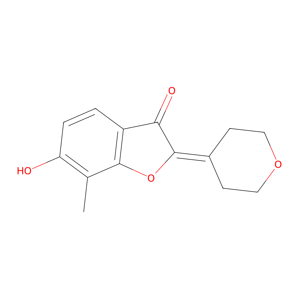 6-hydroxy-7-methyl-2-(tetrahydro-4H-pyran-4-ylidene)-1-benzofuran-3(2H)-one molecular structure, CAS 2108614-99-7