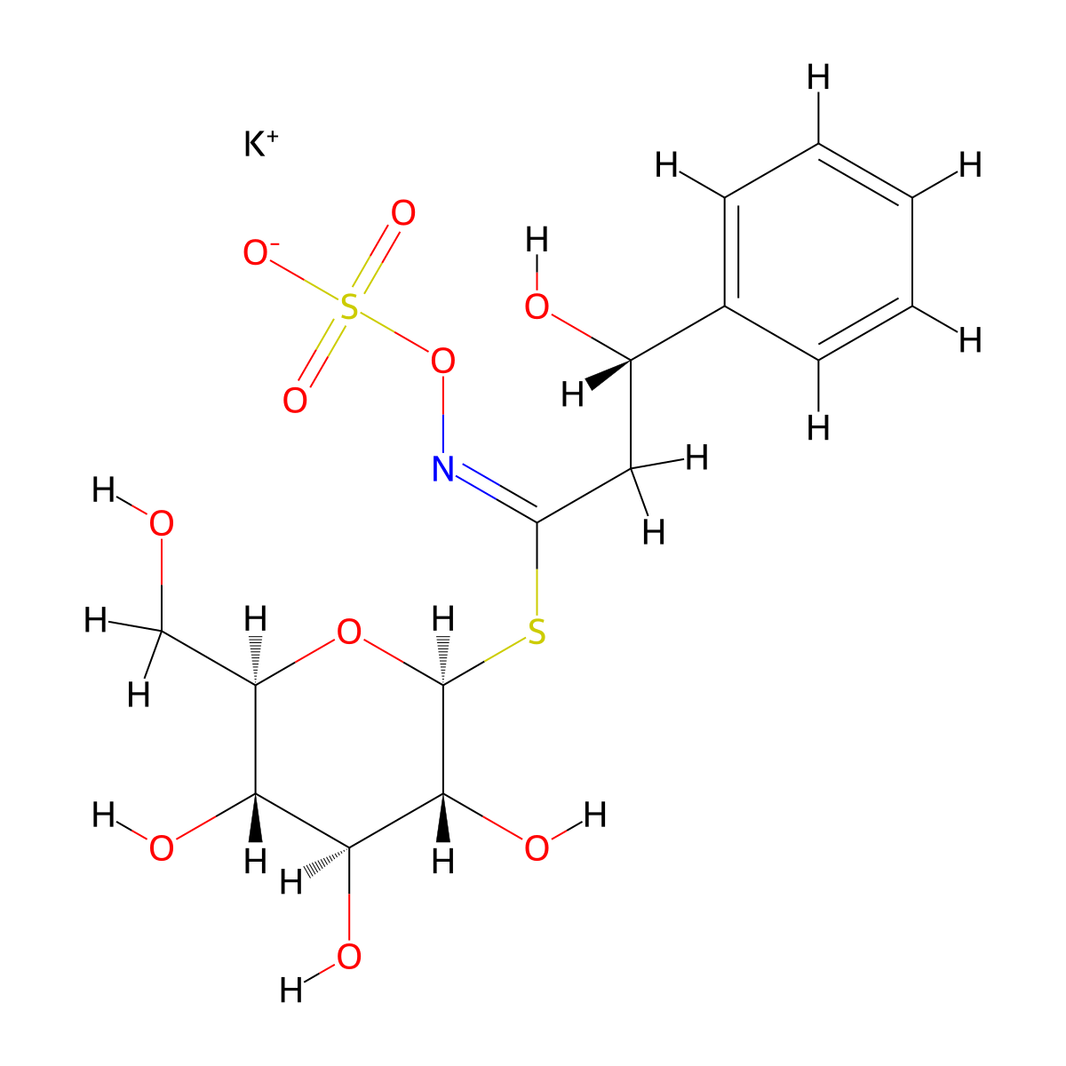 potassium [(E)-[(3S)-3-hydroxy-3-phenyl-1-[(2S,3R,4S,5S,6R)-3,4,5-trihydroxy-6-(hydroxymethyl)oxan-2-yl]sulfanylpropylidene]amino] sulfate molecular structure, CAS 21087-78-5