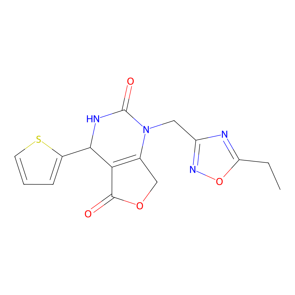 1-[(5-ethyl-1,2,4-oxadiazol-3-yl)methyl]-4-(2-thienyl)-4,7-dihydrofuro[3,4-d]pyrimidine-2,5(1H,3H)-dione molecular structure, CAS 2108711-39-1