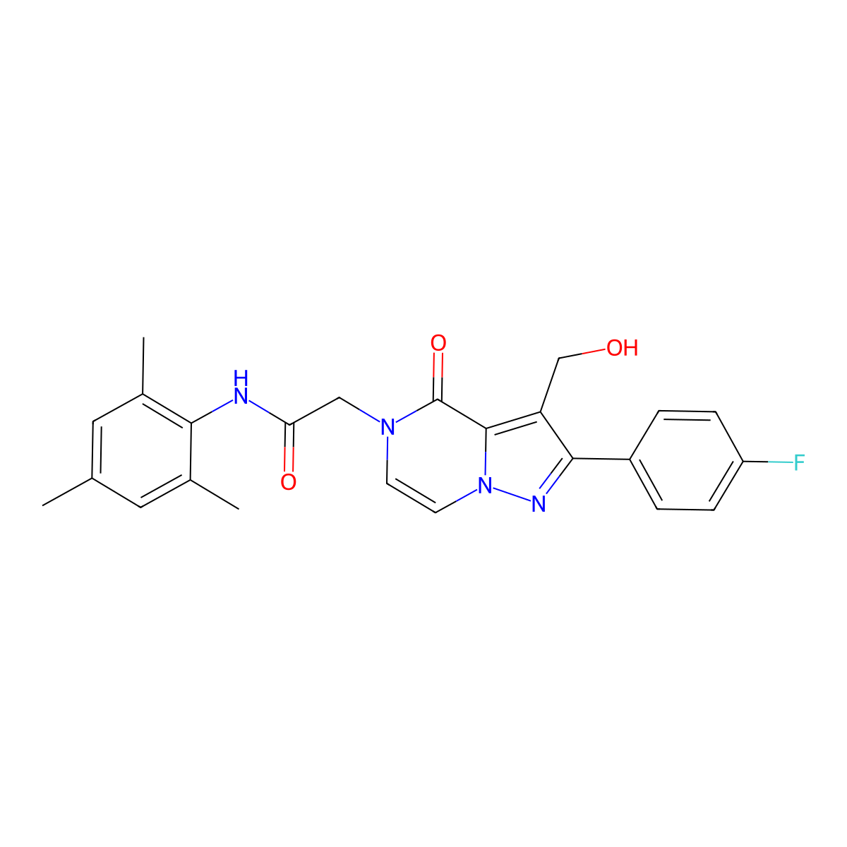 2-[2-(4-fluorophenyl)-3-(hydroxymethyl)-4-oxo-4H,5H-pyrazolo[1,5-a]pyrazin-5-yl]-N-(2,4,6-trimethylphenyl)acetamide molecular structure, CAS 2108718-25-6