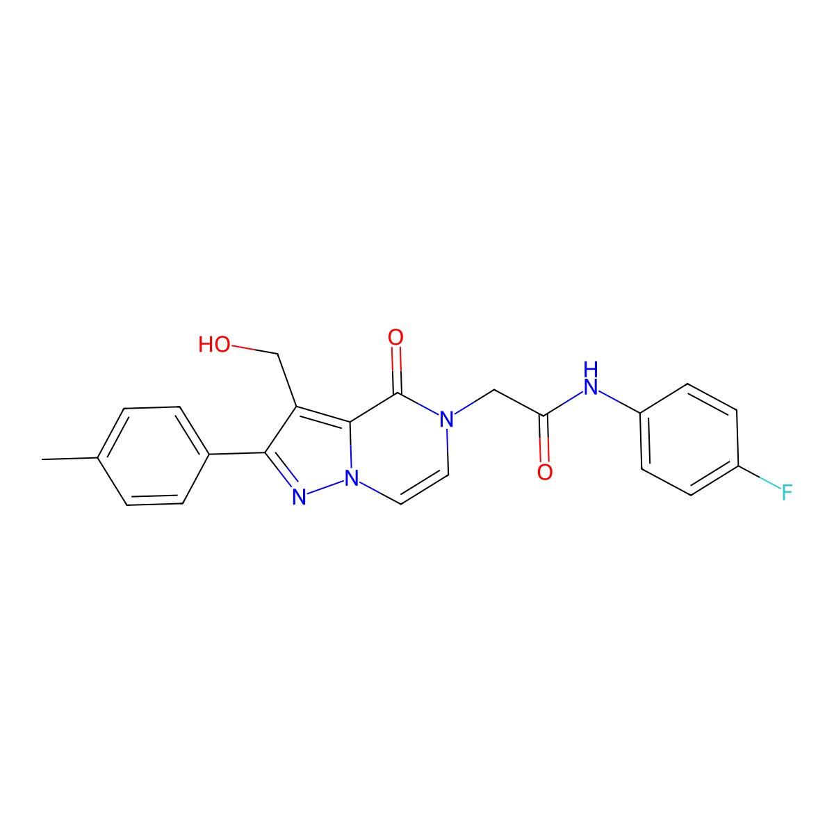 N-(4-fluorophenyl)-2-[3-(hydroxymethyl)-2-(4-methylphenyl)-4-oxo-4H,5H-pyrazolo[1,5-a]pyrazin-5-yl]acetamide molecular structure, CAS 2108719-37-3