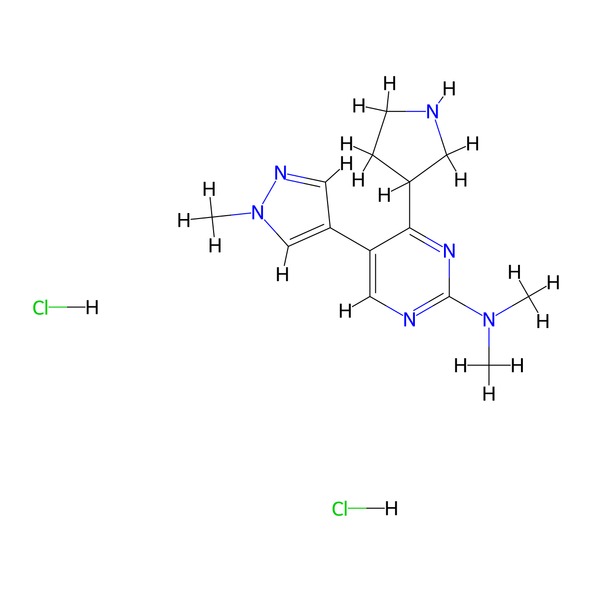 N,N-Dimethyl-5-(1-methyl-1H-pyrazol-4-yl)-4-pyrrolidin-3-ylpyrimidin-2-amine dihydrochloride molecular structure, CAS 2108724-35-0