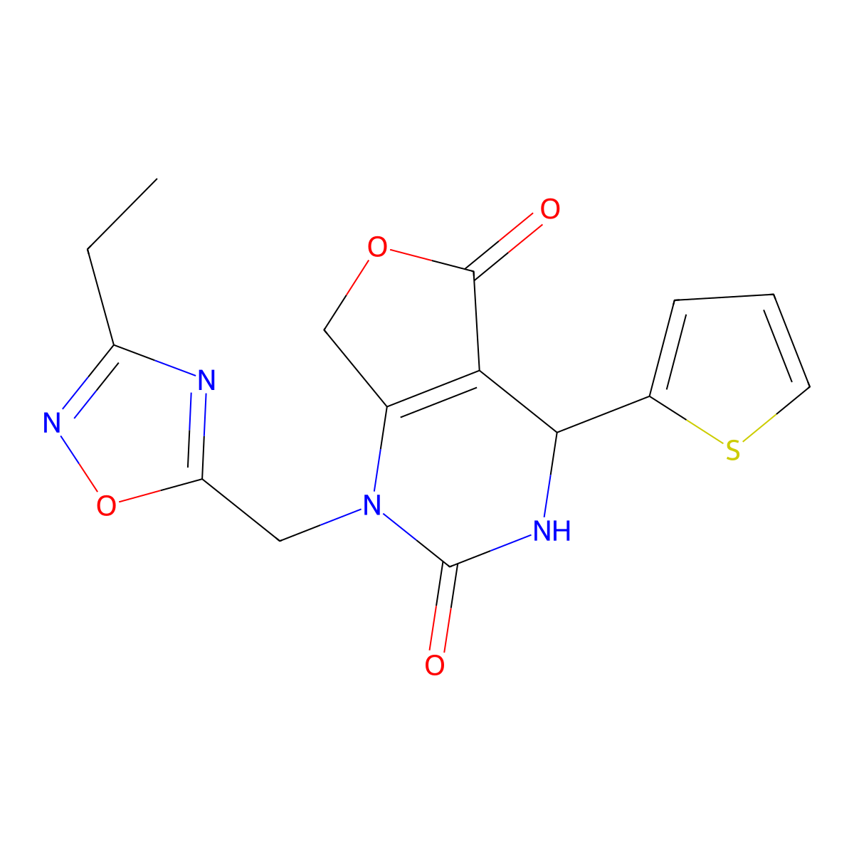 1-[(3-ethyl-1,2,4-oxadiazol-5-yl)methyl]-4-(2-thienyl)-4,7-dihydrofuro[3,4-d]pyrimidine-2,5(1H,3H)-dione molecular structure, CAS 2108740-33-4