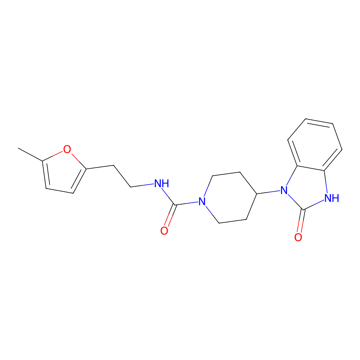 N-[2-(5-methyl-2-furyl)ethyl]-4-(2-oxo-2,3-dihydro-1H-benzimidazol-1-yl)piperidine-1-carboxamide molecular structure, CAS 2108754-09-0