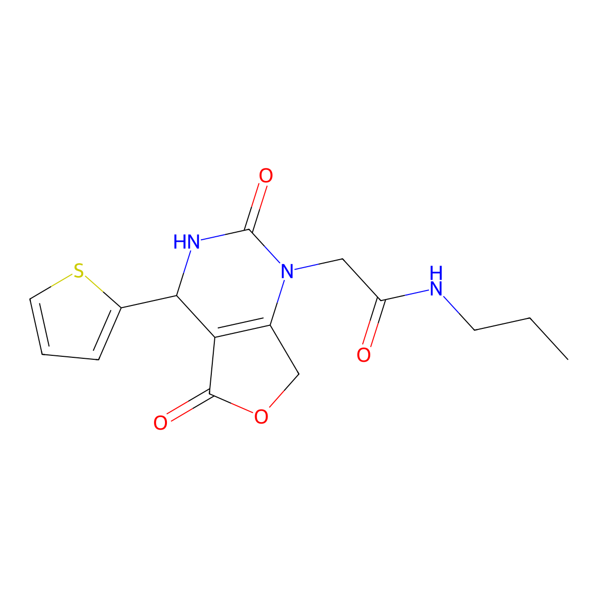 2-[2,5-dioxo-4-(2-thienyl)-3,4,5,7-tetrahydrofuro[3,4-d]pyrimidin-1(2H)-yl]-N-propylacetamide molecular structure, CAS 2108799-70-6