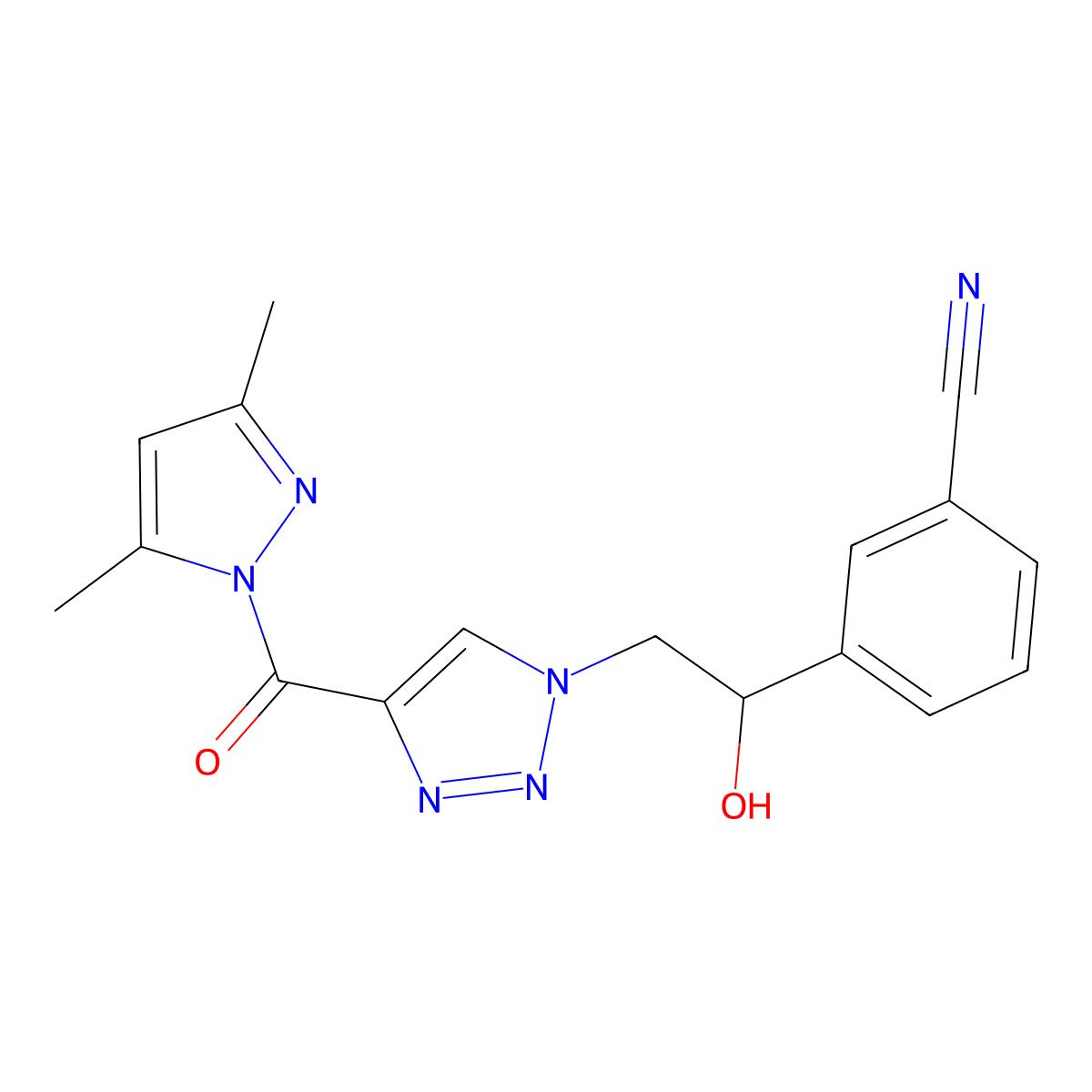 3-(2-{4-[(3,5-dimethyl-1H-pyrazol-1-yl)carbonyl]-1H-1,2,3-triazol-1-yl}-1-hydroxyethyl)benzonitrile molecular structure, CAS 2108805-29-2